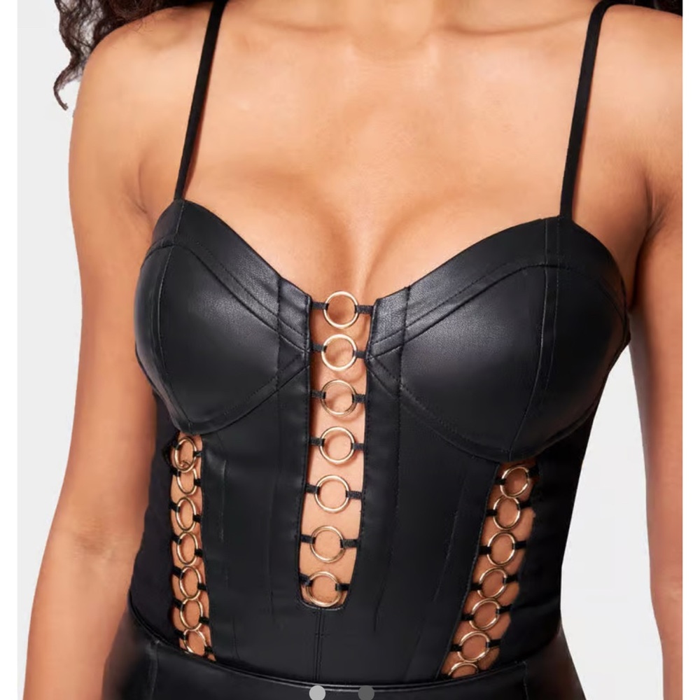 Bebe Black/Gold Vegan Leather Bodysuit. Size L